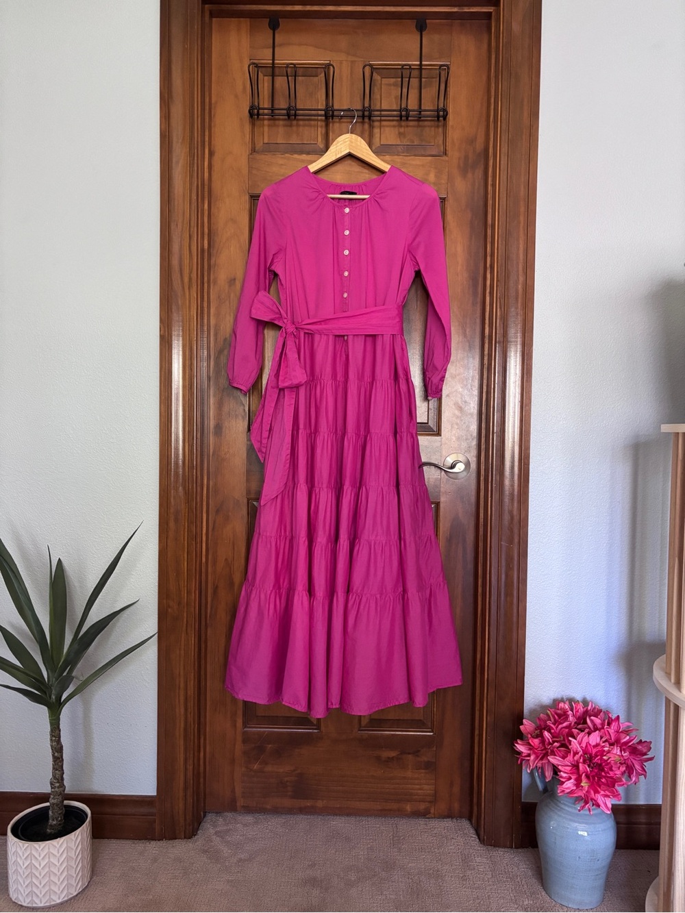 Women’s Pink Long Sleeve Tiered Maxi Dress